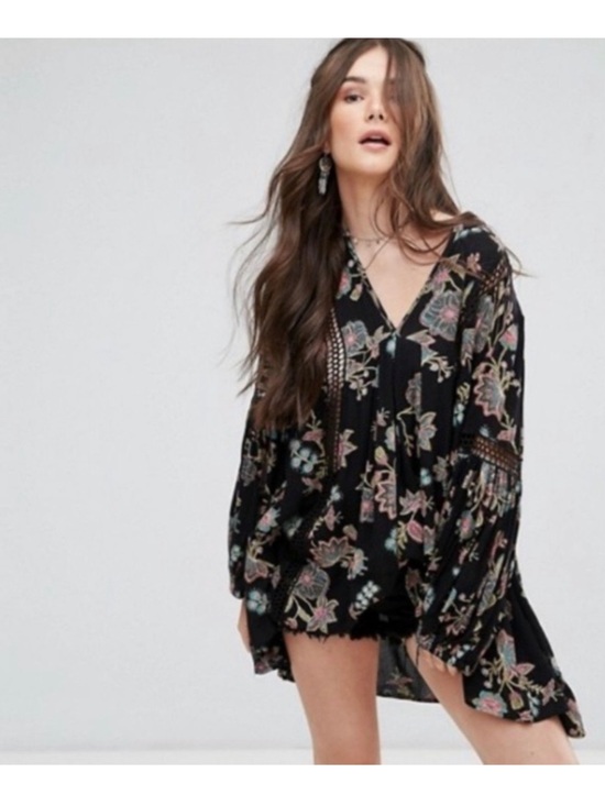 Tops - Free People Just the Two of Us Black Floral Boho Fairy Tunic